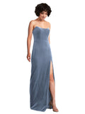 Dusty Blue Sheath Strapless Long Sleeveless Stretch Velvet Bridesmaid Dress Xena