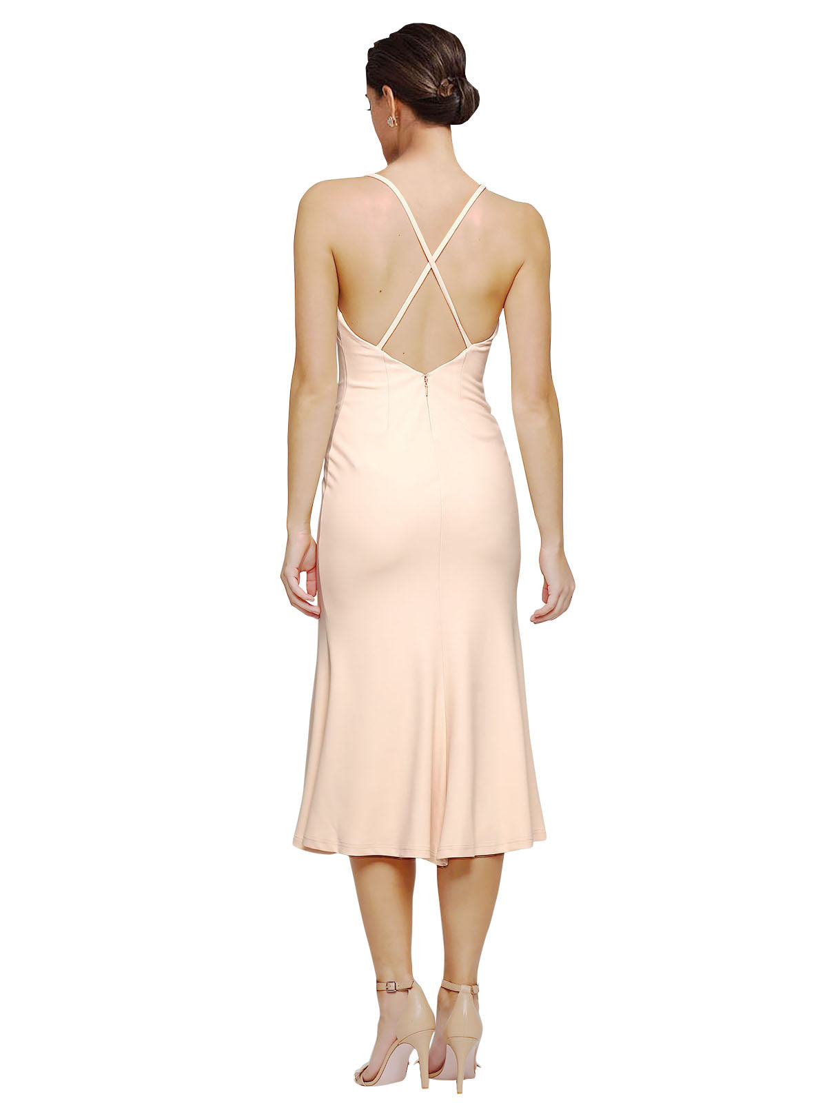 RightBrides Bettina Midi Dress Short Sheath V-Neck Midi Length Sleeveless Nude Stretch Crepe Bridesmaid Dress