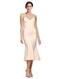 RightBrides Bettina Midi Dress Short Sheath V-Neck Midi Length Sleeveless Nude Stretch Crepe Bridesmaid Dress