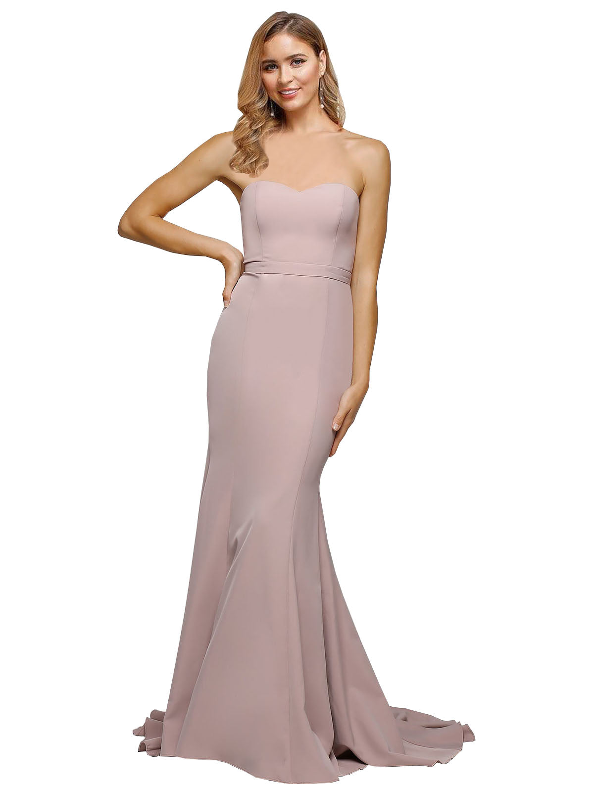 RightBrides Carlos Long A-Line Sweetheart Sweep Train Sleeveless Dusty Pink Stretch Crepe Bridesmaid Dress