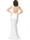 RightBrides Catina Long Sheath High Neck Floor Length Sleeveless Ivory Stretch Crepe Bridesmaid Dress
