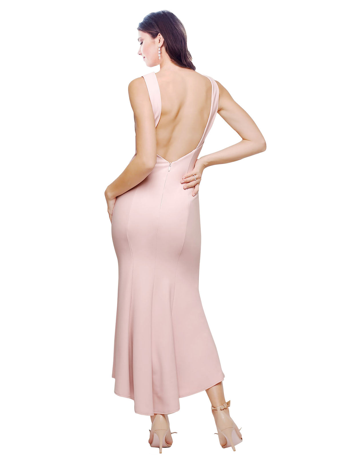 RightBrides Catina Midi Short Sheath High Neck Midi Length Sleeveless Pink Stretch Crepe Bridesmaid Dress