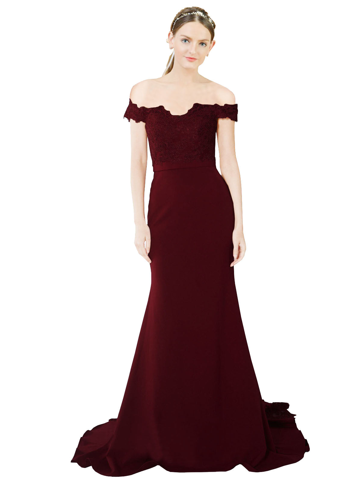 RightBrides Dawn Long Mermaid Sweetheart Off the Shoulder Sweep Train Floor Length Burgundy Gold Stretch Crepe Lace Bridesmaid Dress