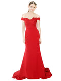 RightBrides Dawn Long Mermaid Sweetheart Off the Shoulder Sweep Train Floor Length Red Stretch Crepe Lace Bridesmaid Dress