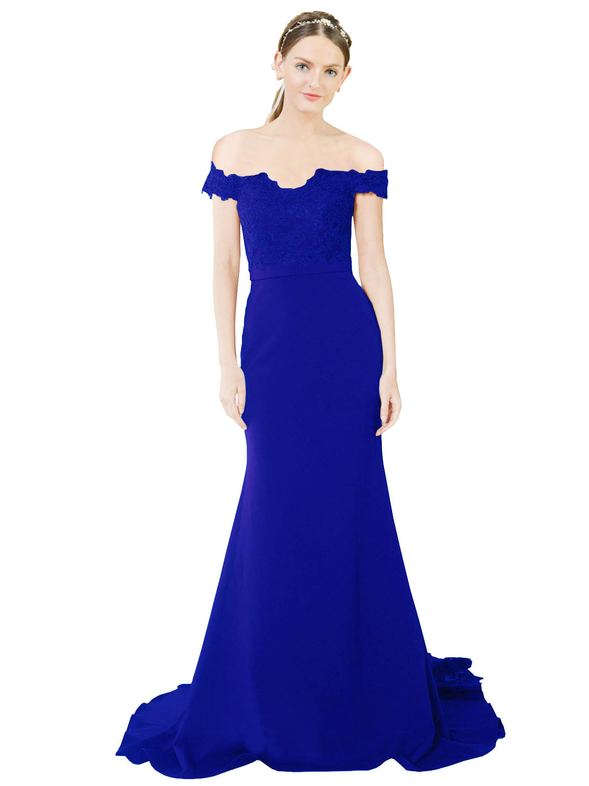 RightBrides Dawn Long Mermaid Sweetheart Off the Shoulder Sweep Train Floor Length Royal Blue Stretch Crepe Lace Bridesmaid Dress