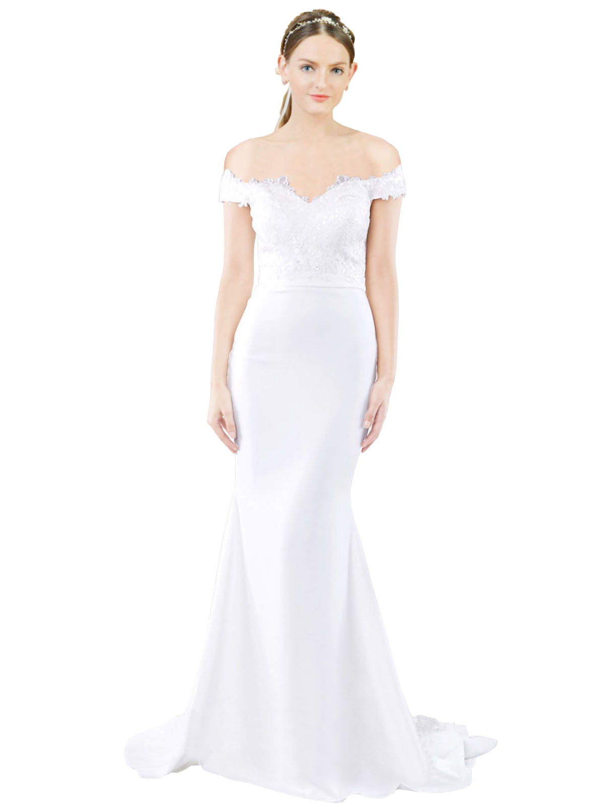RightBrides Dawn Long Mermaid Sweetheart Off the Shoulder Sweep Train Floor Length White Stretch Crepe Lace Bridesmaid Dress
