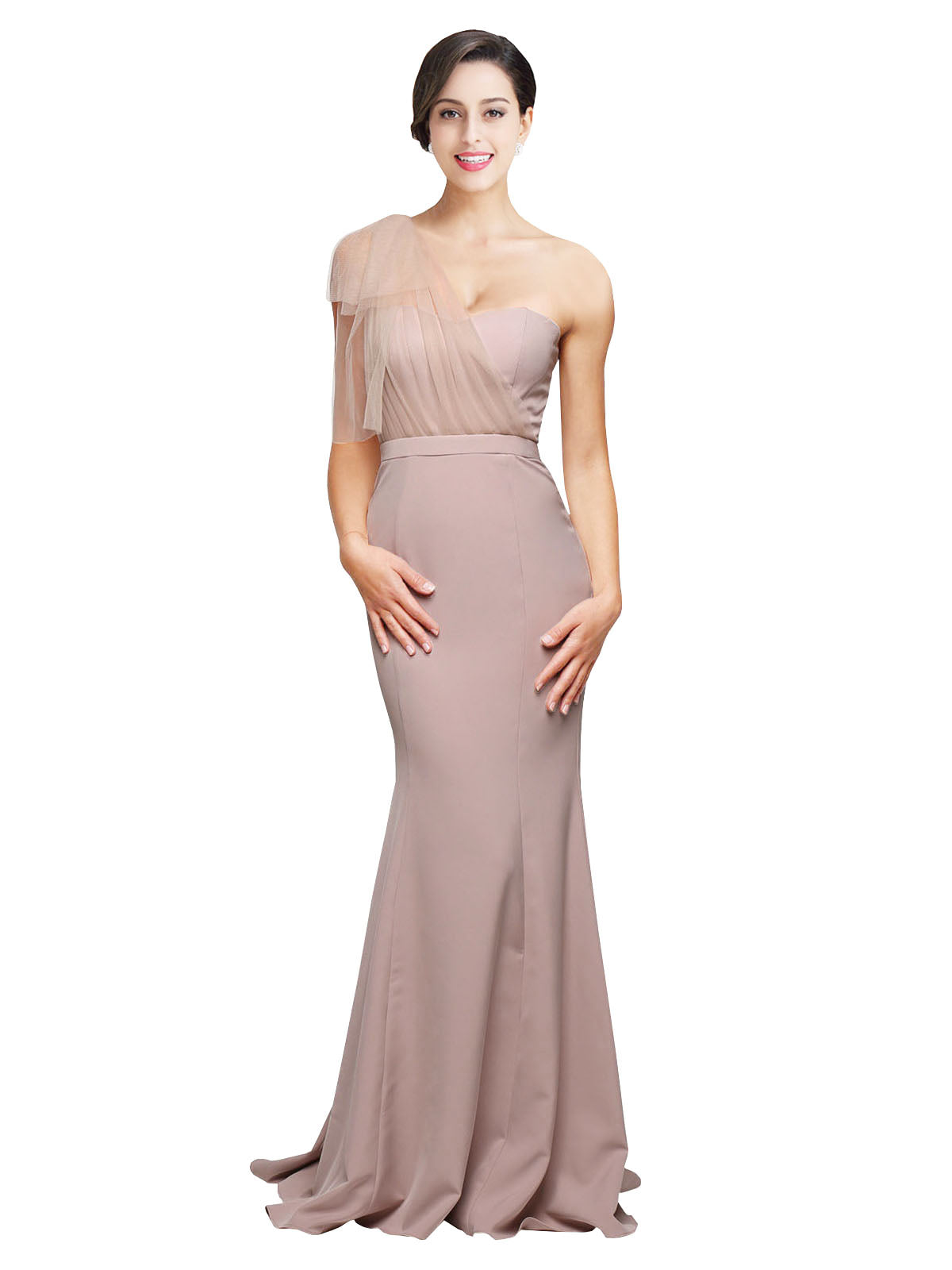 RightBrides Dominic Long Mermaid Sweetheart One Shoulder Sweep Train Floor Length Dusty Pink Stretch Crepe Tulle Bridesmaid Dress