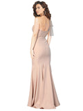 RightBrides Dominic Long Mermaid Sweetheart One Shoulder Sweep Train Floor Length Nude Stretch Crepe Tulle Bridesmaid Dress
