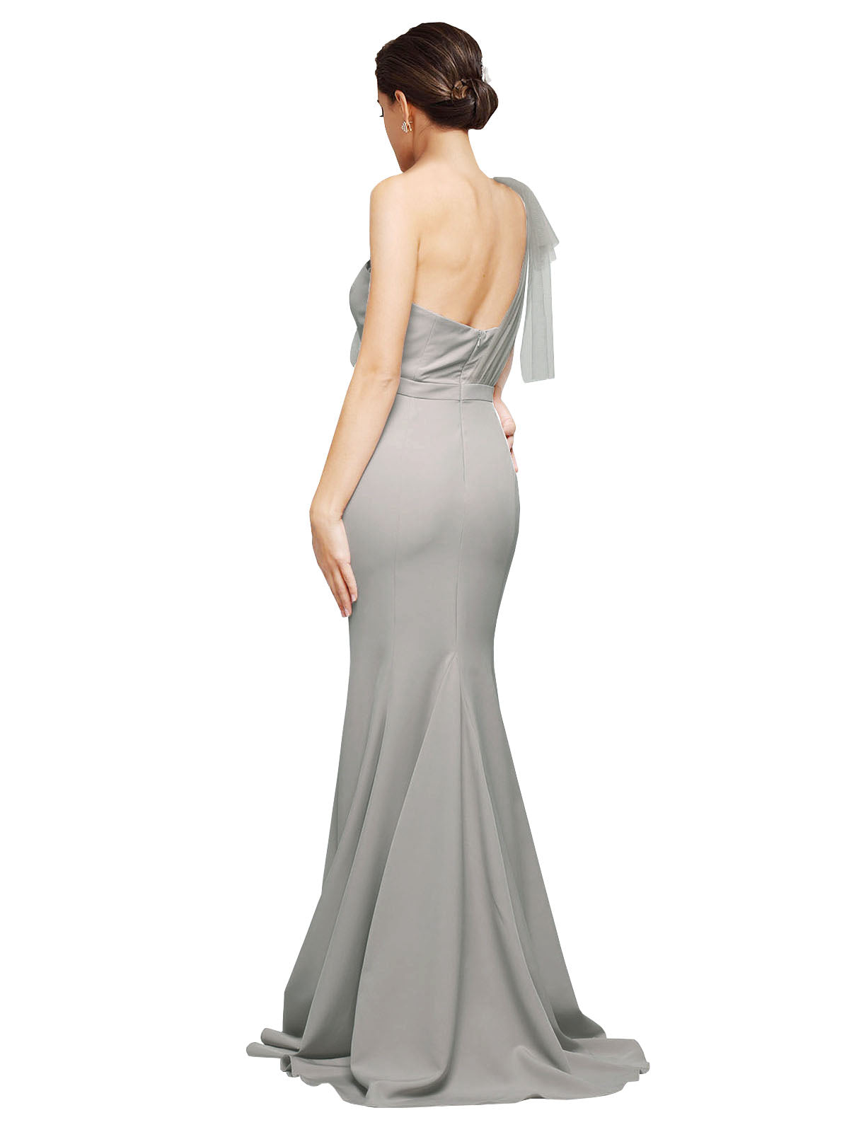 RightBrides Dominic Long Mermaid Sweetheart One Shoulder Sweep Train Floor Length Oyster Silver Stretch Crepe Tulle Bridesmaid Dress