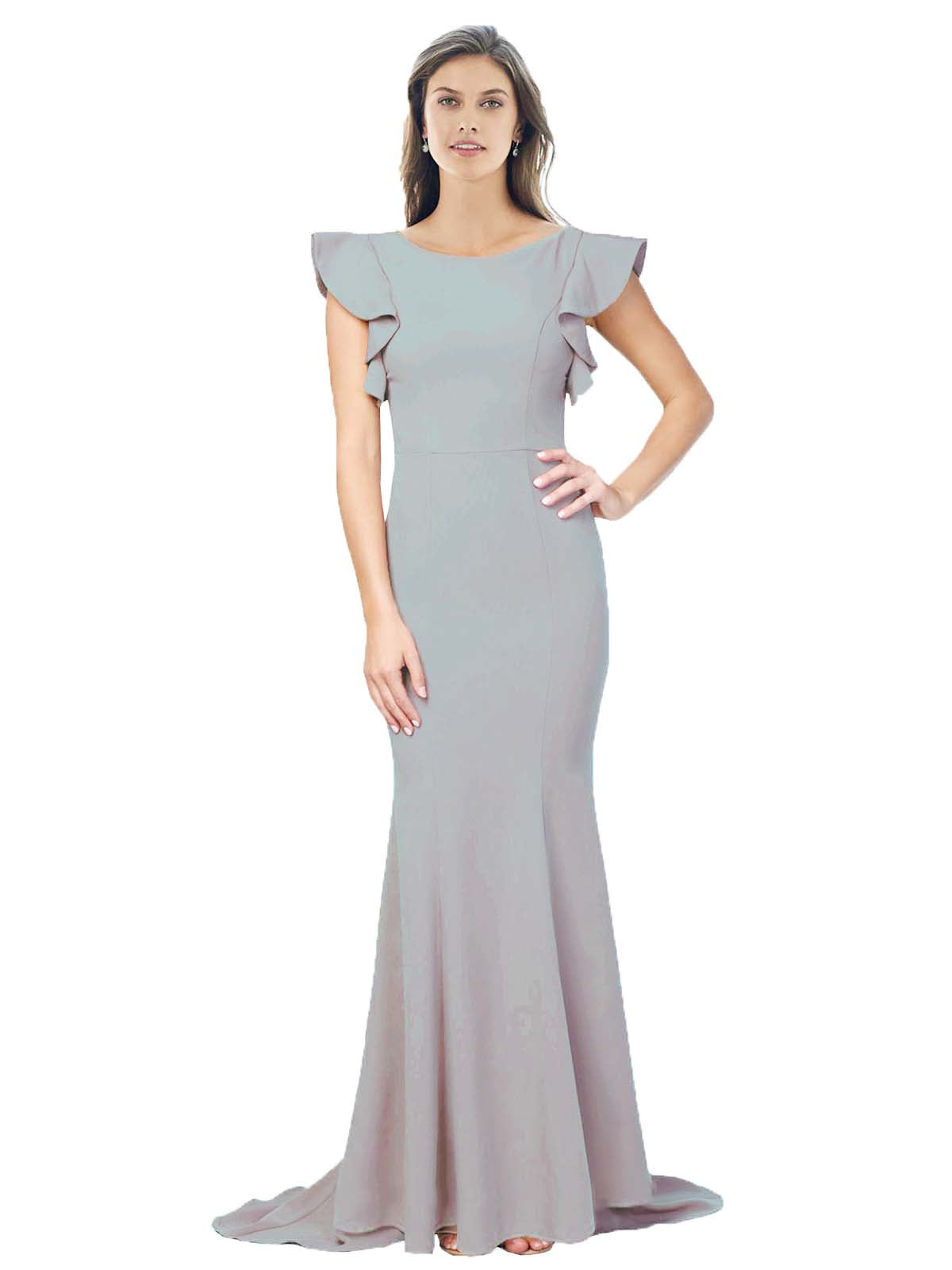 RightBrides Eden Long Mermaid Round Neck Sweep Train Floor Length Sleeveless Oyster Silver Stretch Crepe Bridesmaid Dress