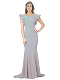 RightBrides Eden Long Mermaid Round Neck Sweep Train Floor Length Sleeveless Oyster Silver Stretch Crepe Bridesmaid Dress