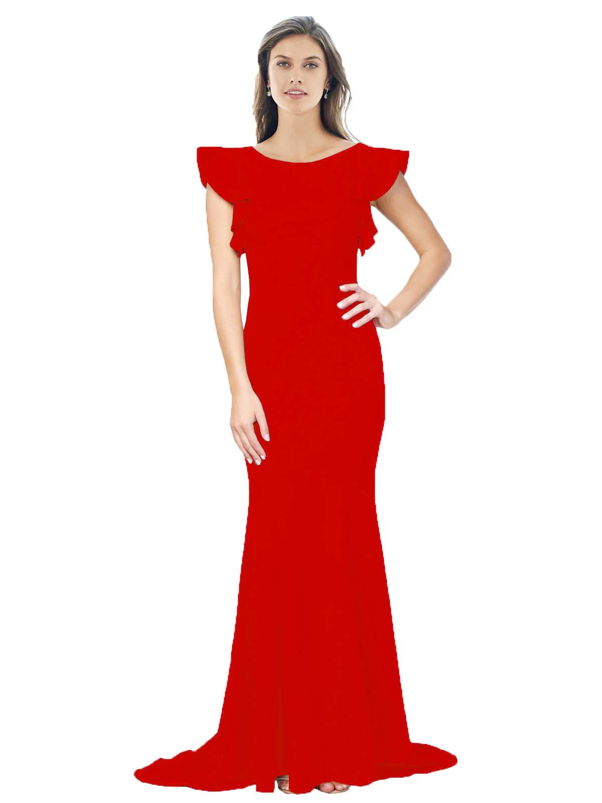 RightBrides Eden Long Mermaid Round Neck Sweep Train Floor Length Sleeveless Red Stretch Crepe Bridesmaid Dress