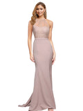 RightBrides Farah Long Sheath High Neck Sweetheart Sweep Train Sleeveless Dusty Pink Stretch Crepe Bridesmaid Dress