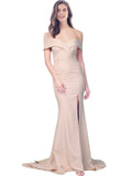 RightBrides Lemus Long Mermaid Sweetheart Floor Length Off the Shoulder Champagne Stretch Crepe Bridesmaid Dress