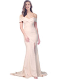 RightBrides Lemus Long Mermaid Sweetheart Floor Length Off the Shoulder Light Champagne Stretch Crepe Bridesmaid Dress