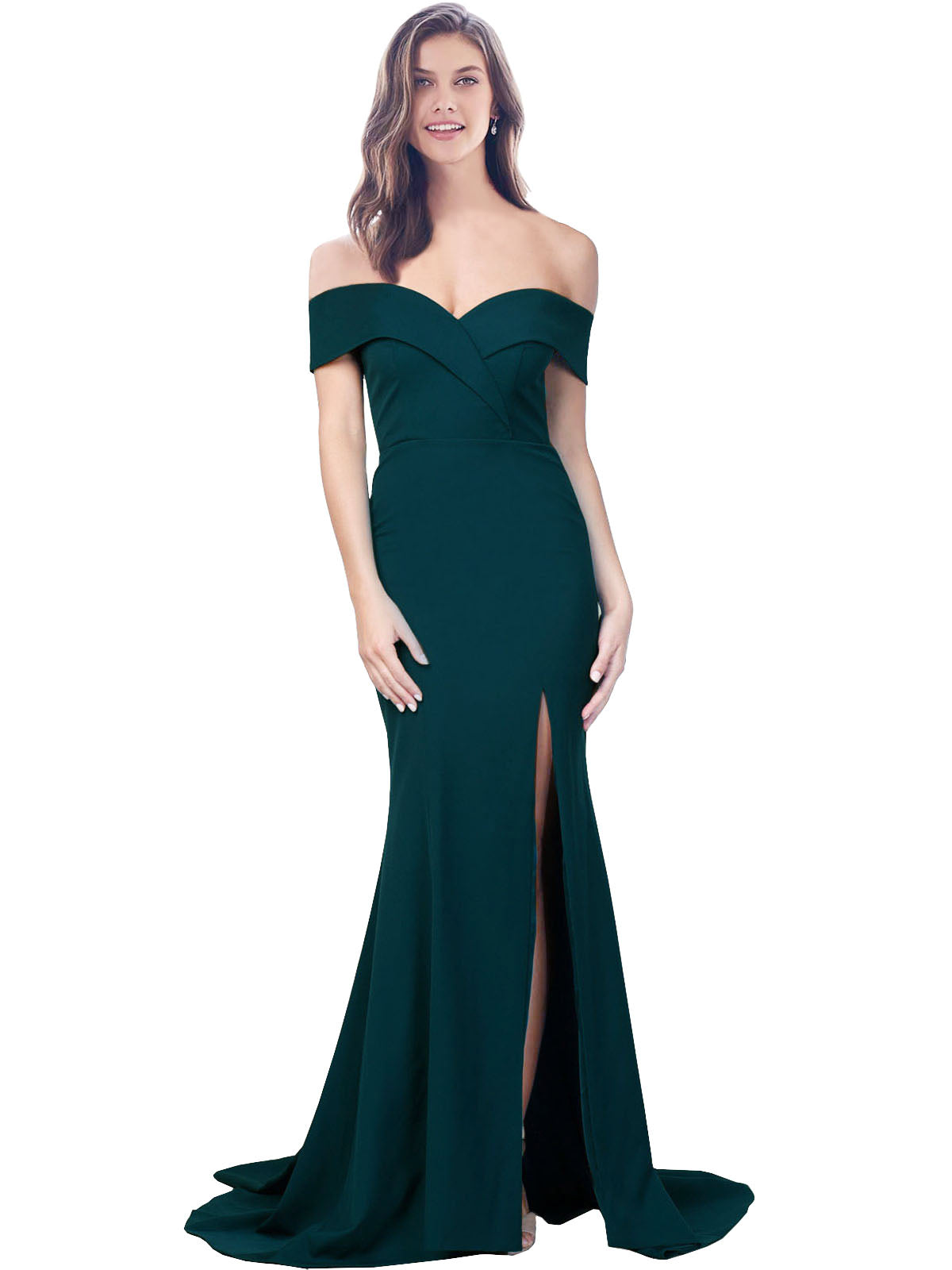 RightBrides Lemus Long Mermaid Sweetheart Floor Length Off the Shoulder Midnight Green Stretch Crepe Bridesmaid Dress