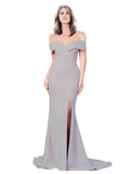 RightBrides Lemus Long Mermaid Sweetheart Floor Length Off the Shoulder Oyster Silver Stretch Crepe Bridesmaid Dress