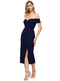 RightBrides Lesley-Midi Short Mermaid Off the Shoulder Sweetheart Midi Length Sleeveless Dark-Navy Stretch Crepe Bridesmaid Dress