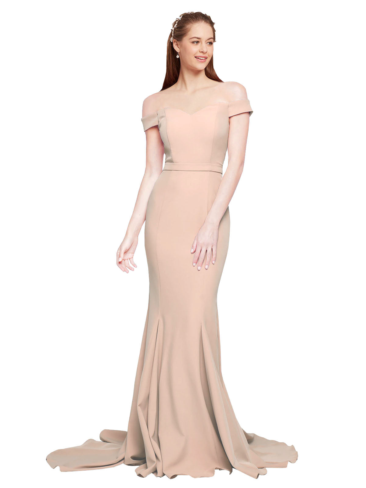 RightBrides Jannet Long Mermaid Off the Shoulder Sweetheart Sweep Train Floor Length Sleeveless Champagne Stretch Crepe Bridesmaid Dress