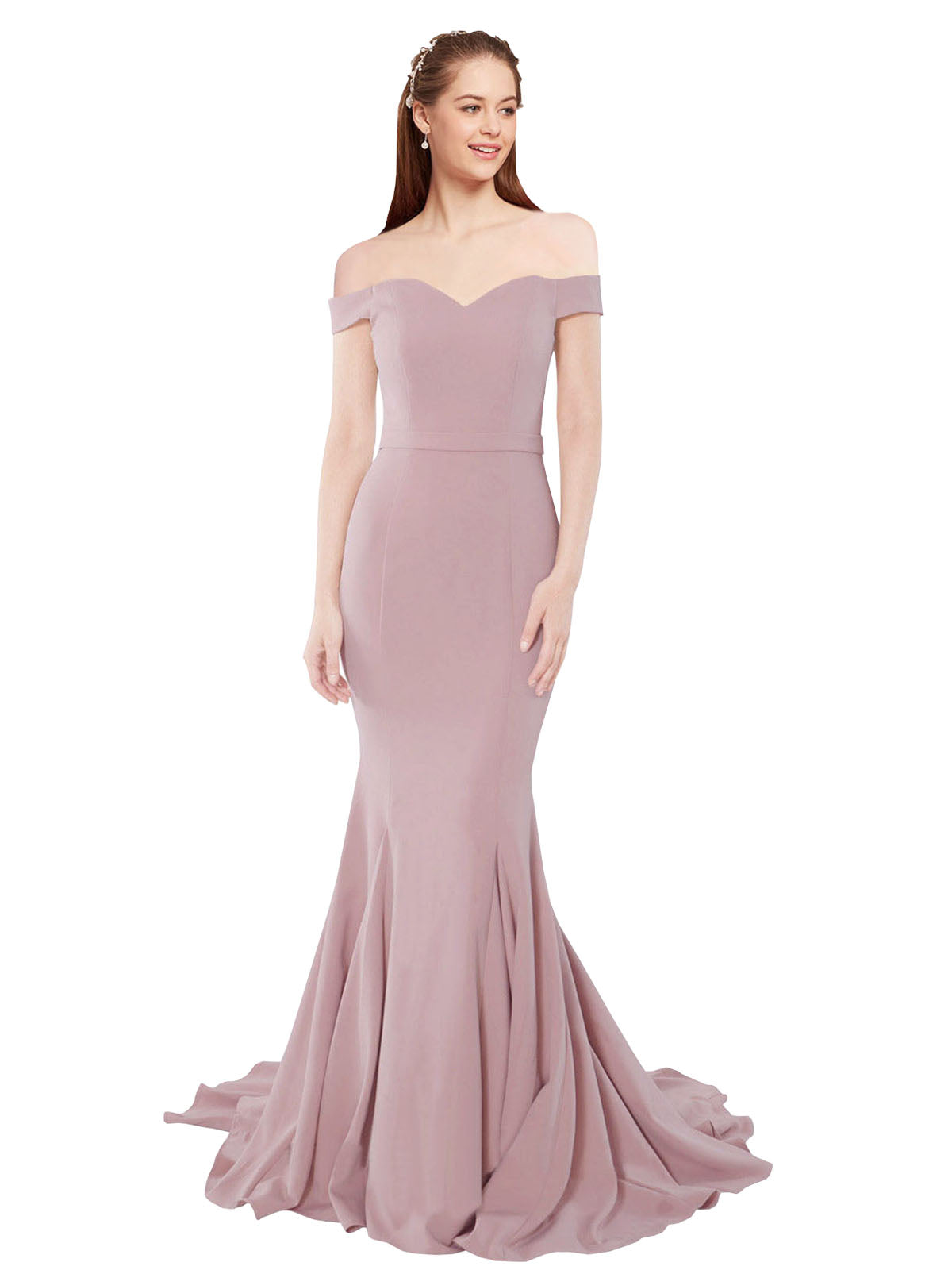 RightBrides Jannet Long Mermaid Off the Shoulder Sweetheart Sweep Train Floor Length Sleeveless Dusty Pink Stretch Crepe Bridesmaid Dress