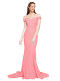 RightBrides Jannet Long Mermaid Off the Shoulder Sweetheart Sweep Train Floor Length Sleeveless Hot Pink Stretch Crepe Bridesmaid Dress