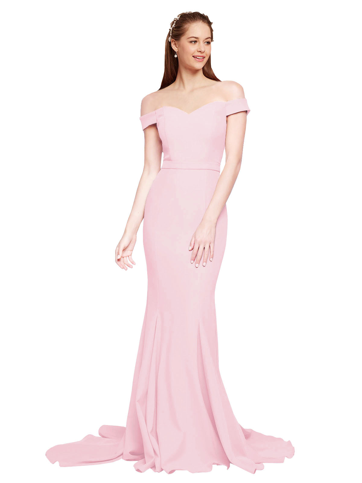 RightBrides Jannet Long Mermaid Off the Shoulder Sweetheart Sweep Train Floor Length Sleeveless Ice Pink Stretch Crepe Bridesmaid Dress