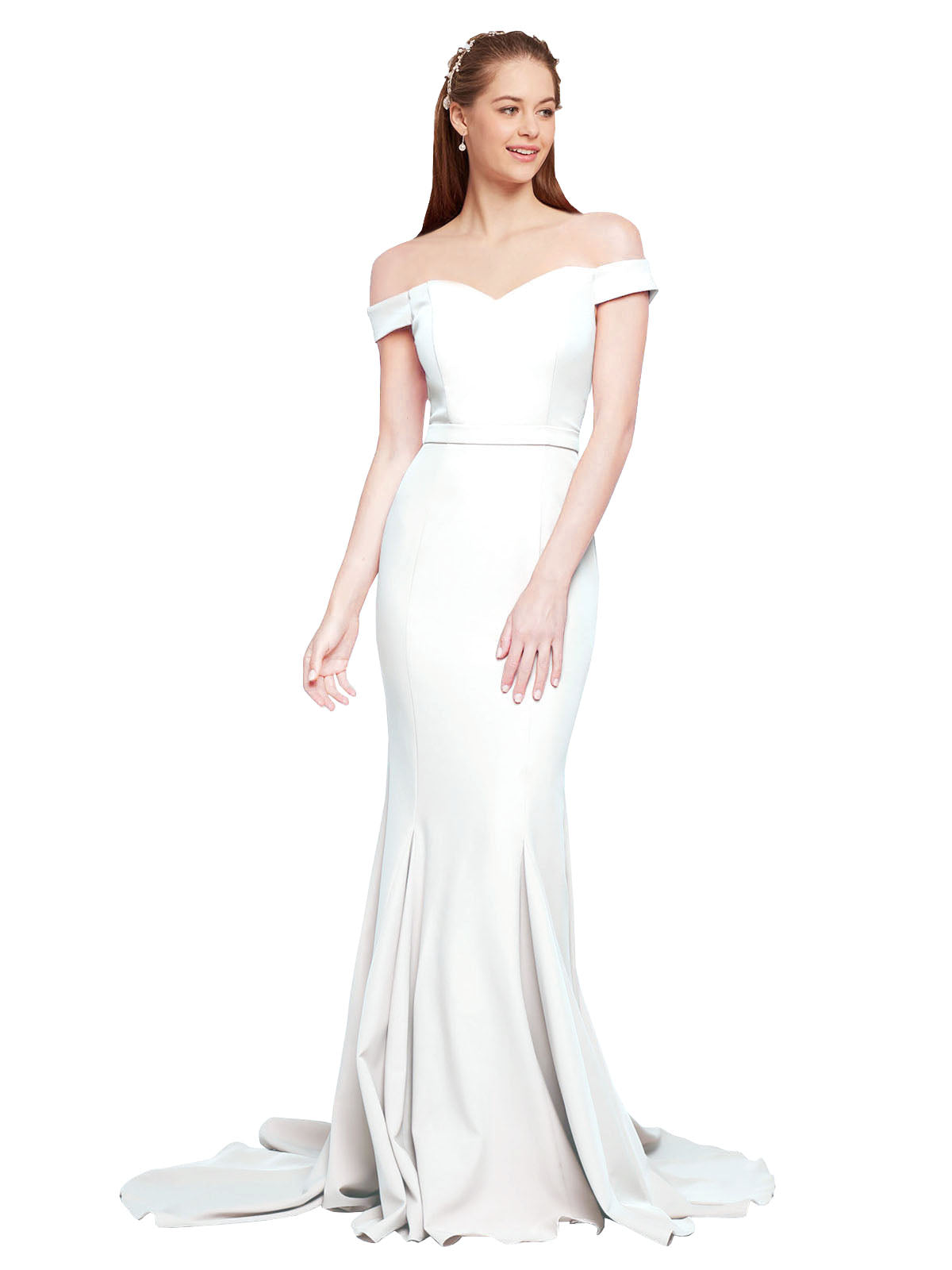 RightBrides Jannet Long Mermaid Off the Shoulder Sweetheart Sweep Train Floor Length Sleeveless Ivory Stretch Crepe Bridesmaid Dress
