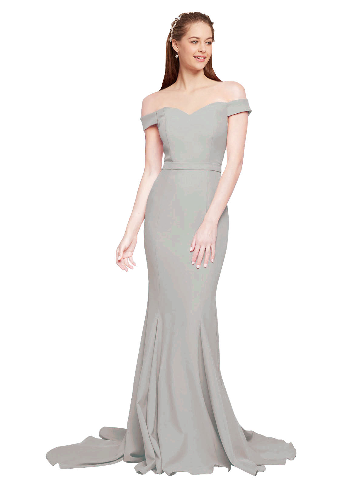 RightBrides Jannet Long Mermaid Off the Shoulder Sweetheart Sweep Train Floor Length Sleeveless Oyster Silver Stretch Crepe Bridesmaid Dress