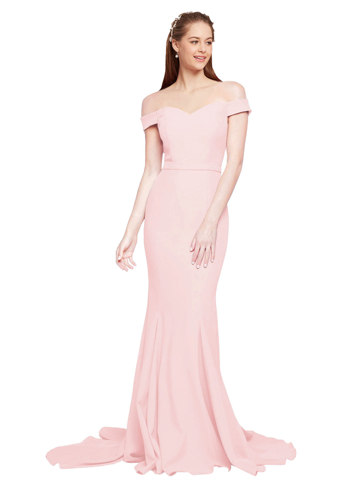 RightBrides Jannet Long Mermaid Off the Shoulder Sweetheart Sweep Train Floor Length Sleeveless Pink Stretch Crepe Bridesmaid Dress
