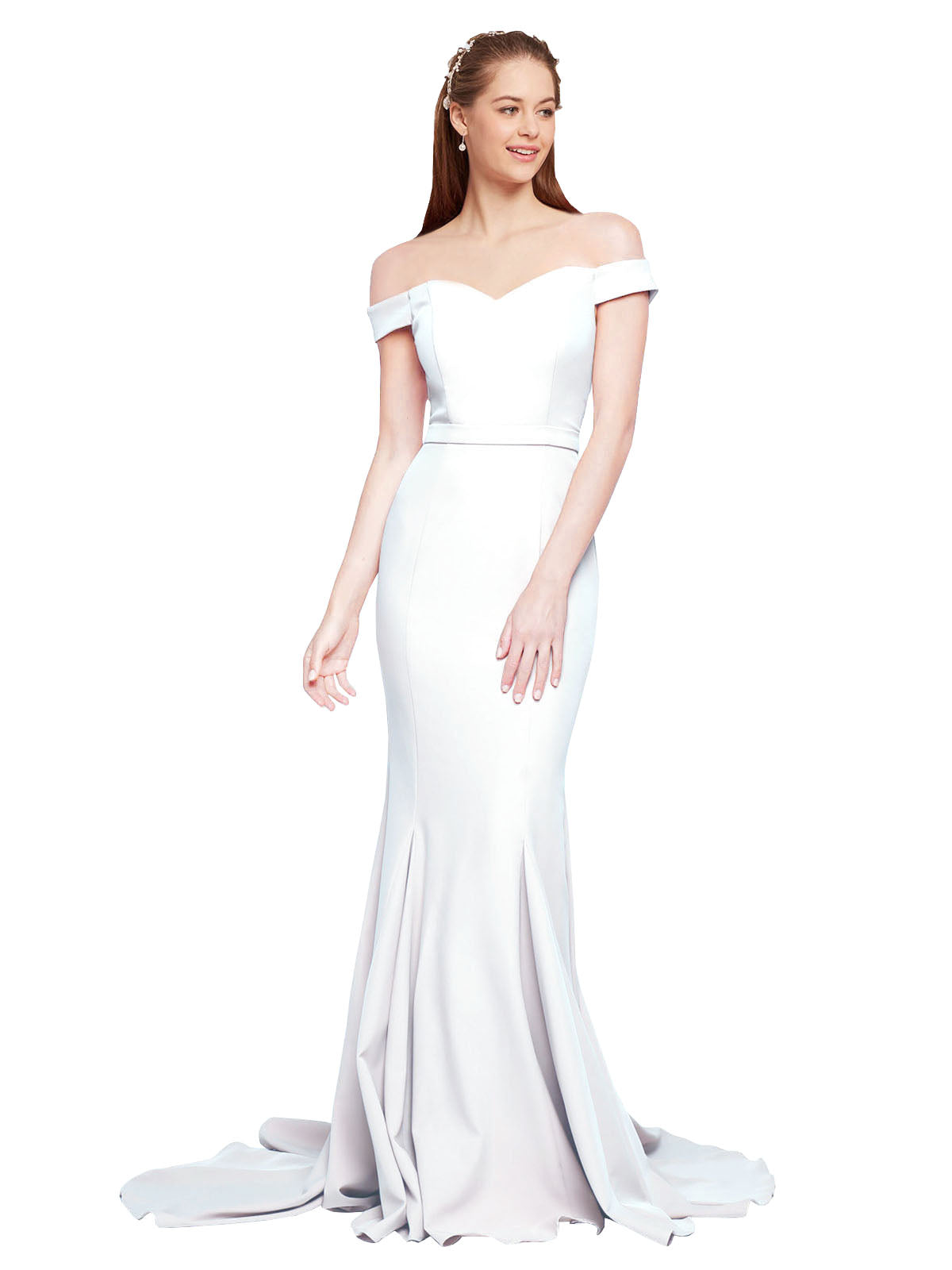 RightBrides Jannet Long Mermaid Off the Shoulder Sweetheart Sweep Train Floor Length Sleeveless White Stretch Crepe Bridesmaid Dress