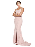 RightBrides Bohon Split Dress with Sweep Train Long Sheath Square Neck Sweep Train Sleeveless Mauve Stretch Crepe Bridesmaid Dress