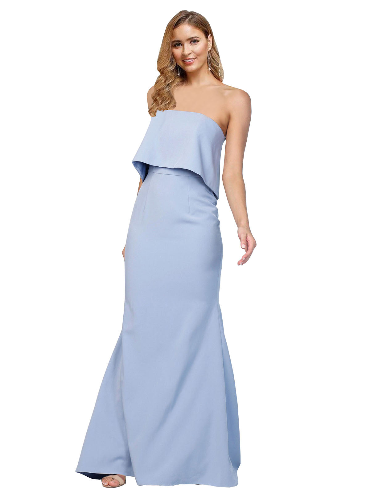 RightBrides Mark Long A-Line Strapless Floor Length Sleeveless Light Sky Blue Stretch Crepe Bridesmaid Dress