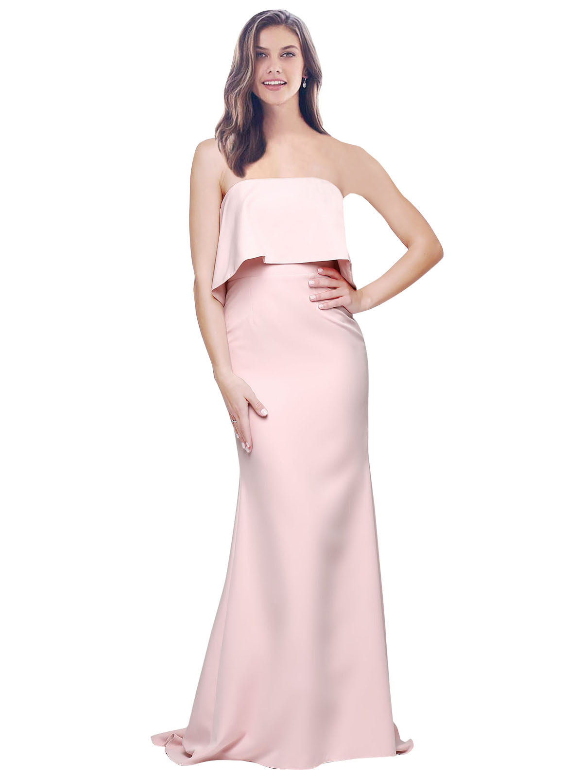 RightBrides Mark Long A-Line Strapless Floor Length Sleeveless Pink Stretch Crepe Bridesmaid Dress