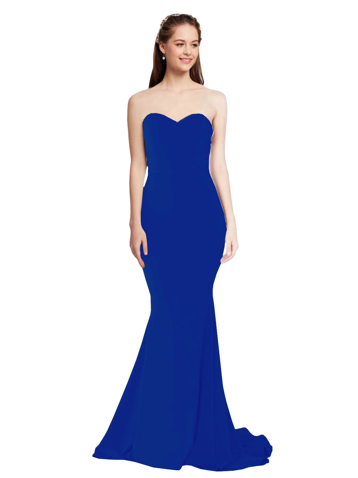 RightBrides Nana Long Mermaid Strapless Sweetheart Floor Length Sleeveless Royal Blue Stretch Crepe Bridesmaid Dress