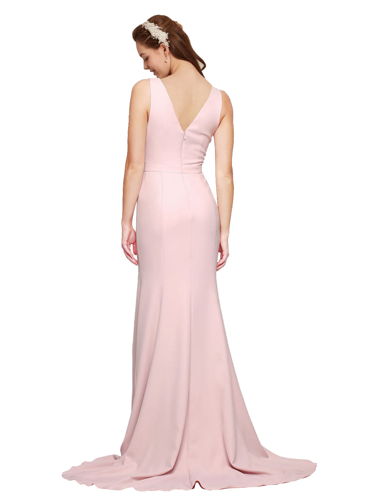 RightBrides Polly Long A-Line V-Neck Sweep Train Floor Length Sleeveless Pink Stretch Crepe Bridesmaid Dress