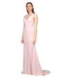 RightBrides Polly Long A-Line V-Neck Sweep Train Floor Length Sleeveless Pink Stretch Crepe Bridesmaid Dress