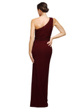 RightBrides Sheria Long Sheath One Shoulder Floor Length Sleeveless Burgundy Gold Stretch Crepe Bridesmaid Dress