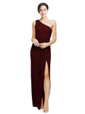 RightBrides Sheria Long Sheath One Shoulder Floor Length Sleeveless Burgundy Gold Stretch Crepe Bridesmaid Dress