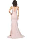 RightBrides Stellina Long Sheath V-Neck Sweep Train Floor Length Sleeveless Pink Stretch Crepe Bridesmaid Dress