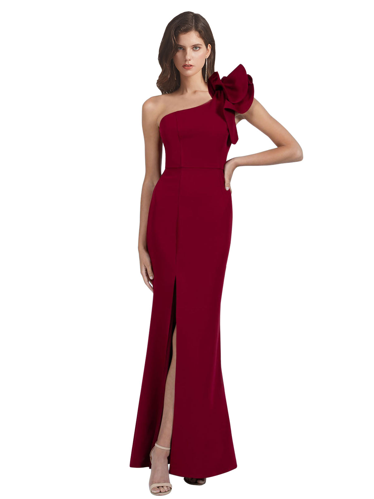 RightBrides Topia Long Sheath One Shoulder Floor Length Sleeveless Burgundy Stretch Crepe Bridesmaid Dress