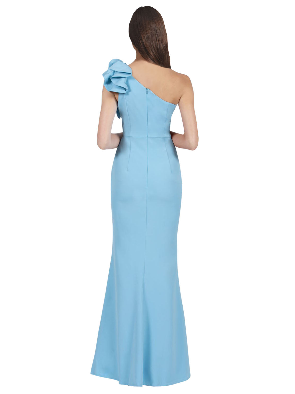 RightBrides Topia Long Sheath One Shoulder Floor Length Sleeveless Peacock-Blue Stretch Crepe Bridesmaid Dress